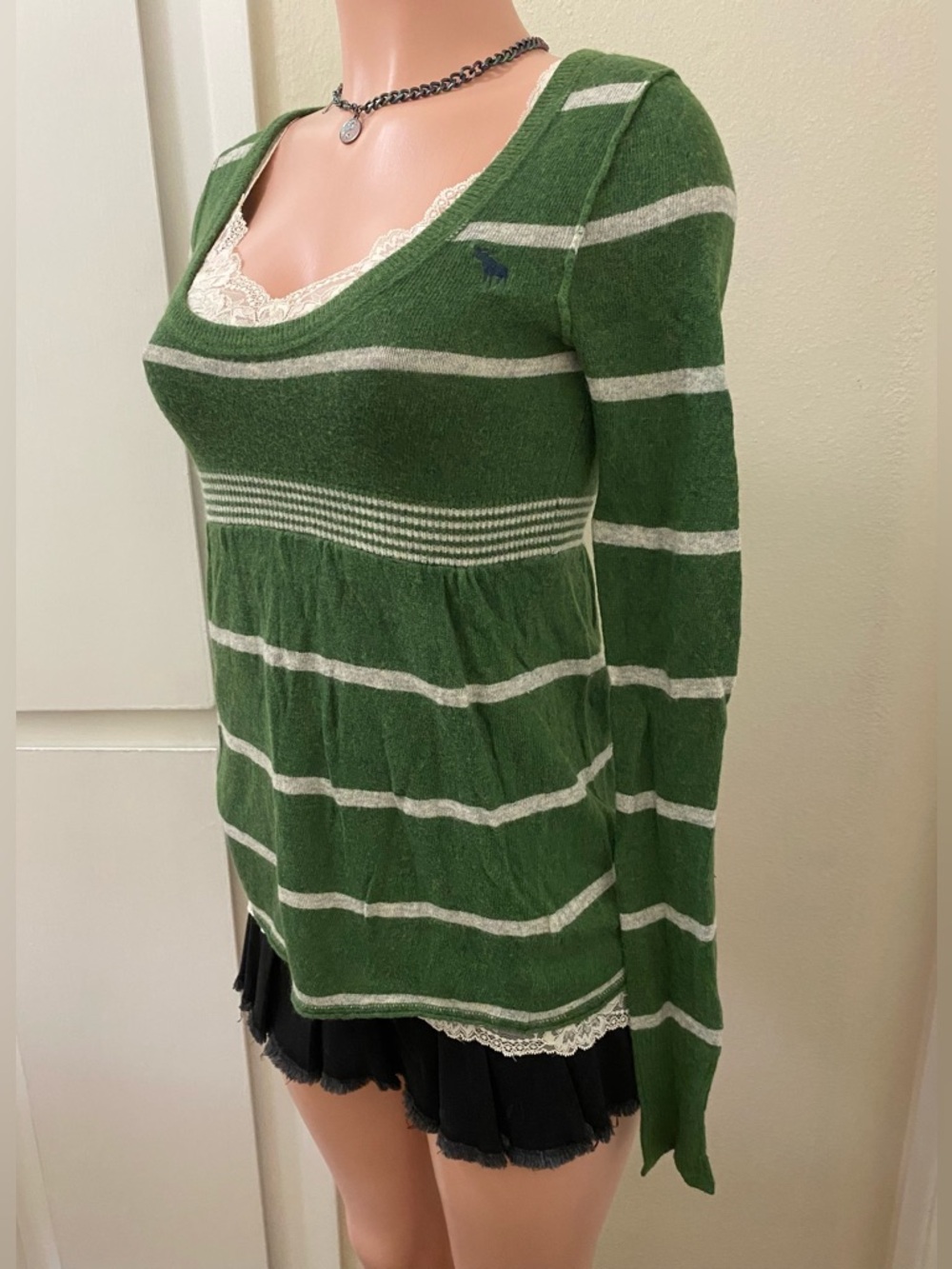 Y2k vintage Abercrombie green and white striped babydoll long sleeve sweater - Picture 14 of 15